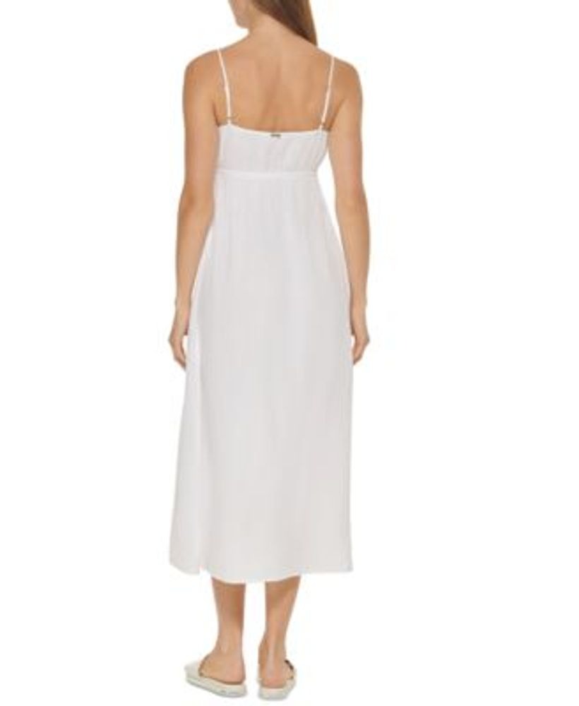 DKNY Women's V Neck Front Tie Maxi Dress Cover Up Swimsuit White Size S