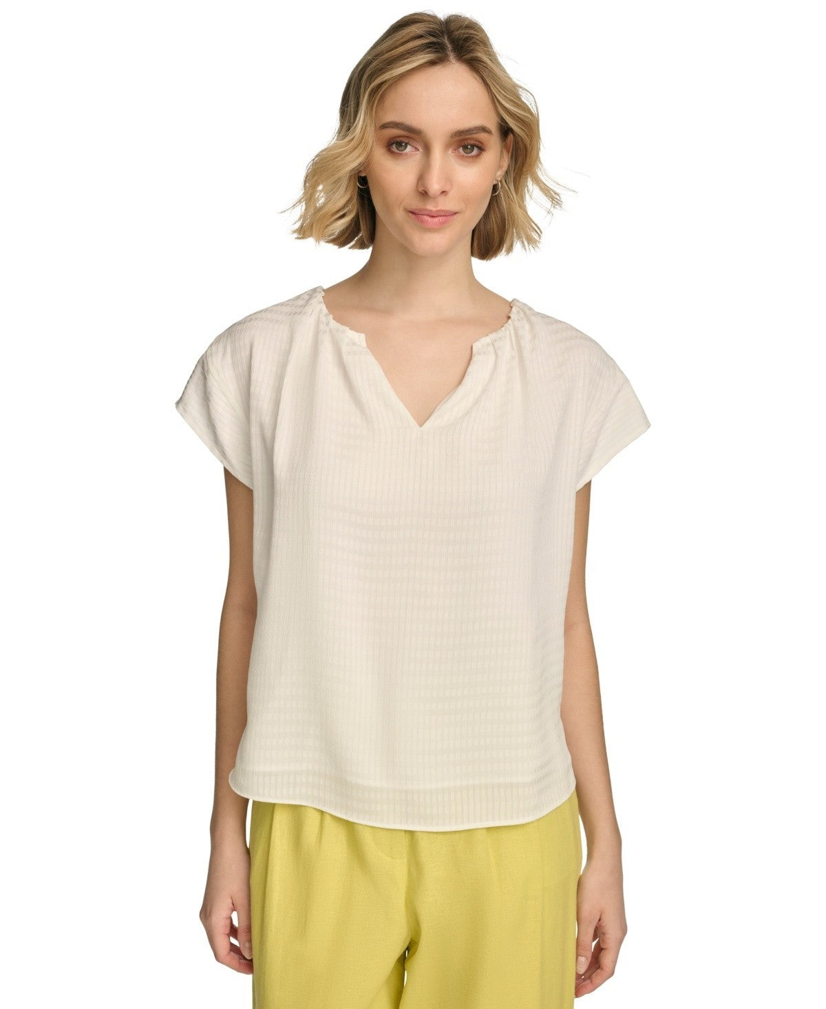 Calvin Klein White Split-Neck Short Sleeve Textured Blouse Size XL MSRP $80
