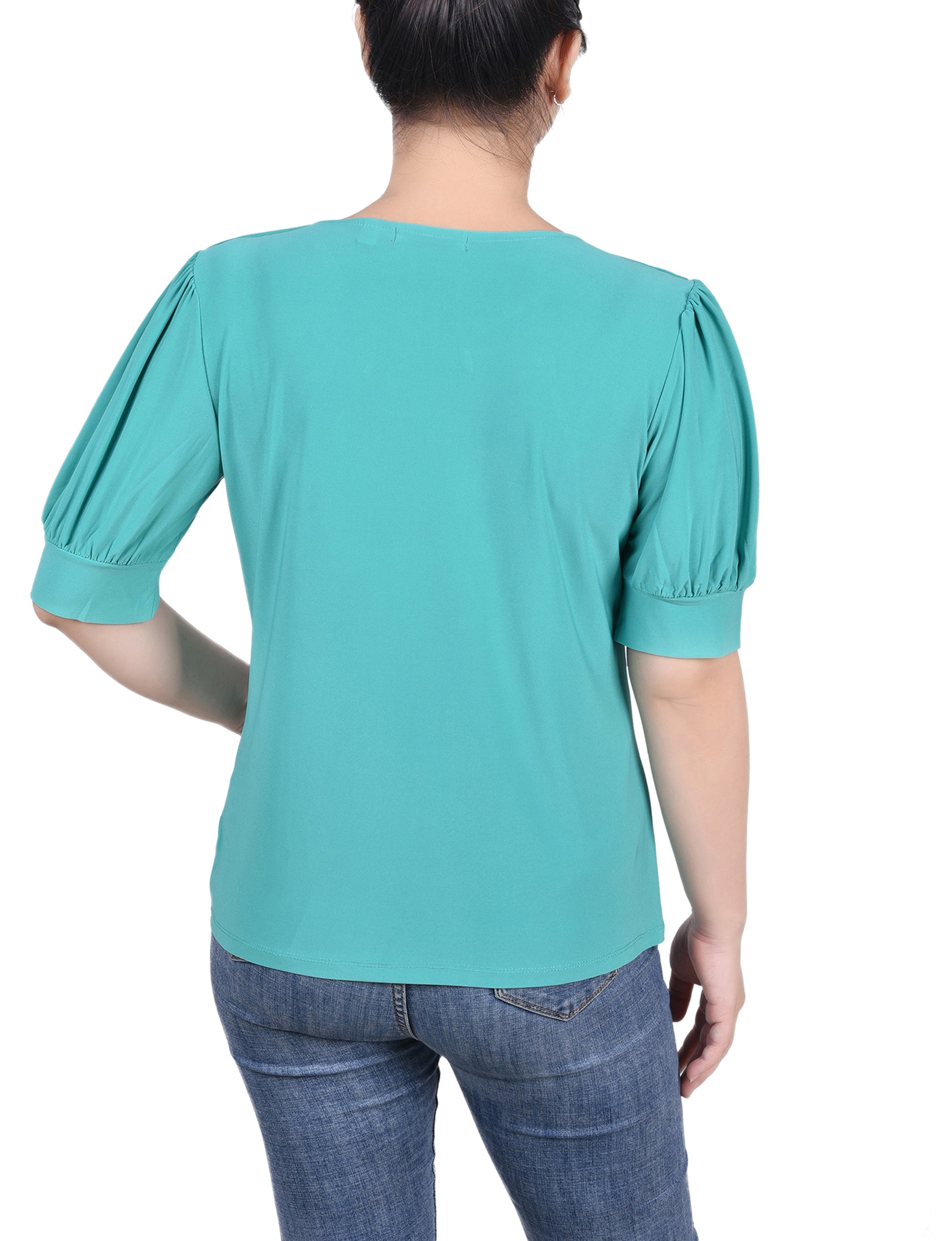 NY Collection Women's Petite Short Sleeve Balloon Sleeve Top Green Size PL