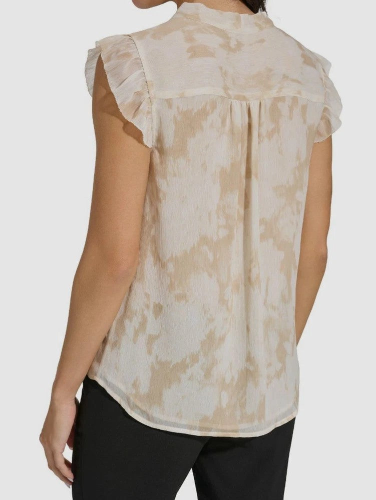Calvin Klein Women's Beige Printed Cap-Sleeve Tie-Neck Top Size M MSRP $59