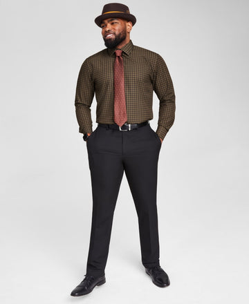 Tayion Collection Men Slim fit Long Sleeve Button-Up Shirt 15 32-33 Brown Check