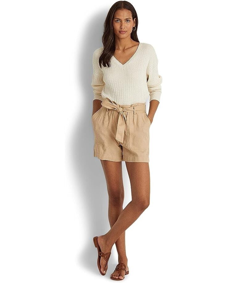 Lauren Ralph Lauren High-Rise Linen Shorts Birch Beige Petite Size 14P MSRP $80