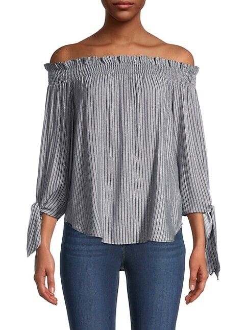 Michael Kors Striped Off-the-Shoulder Top Gray Size L MSRP $88
