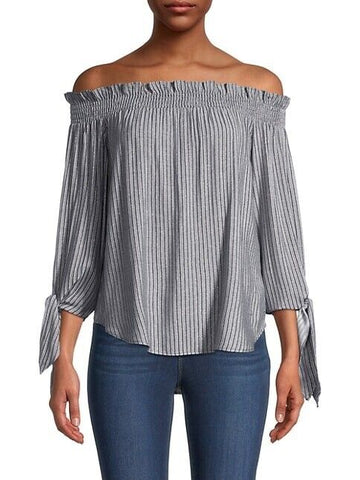 Michael Kors Striped Off-the-Shoulder Top Gray Size L MSRP $88