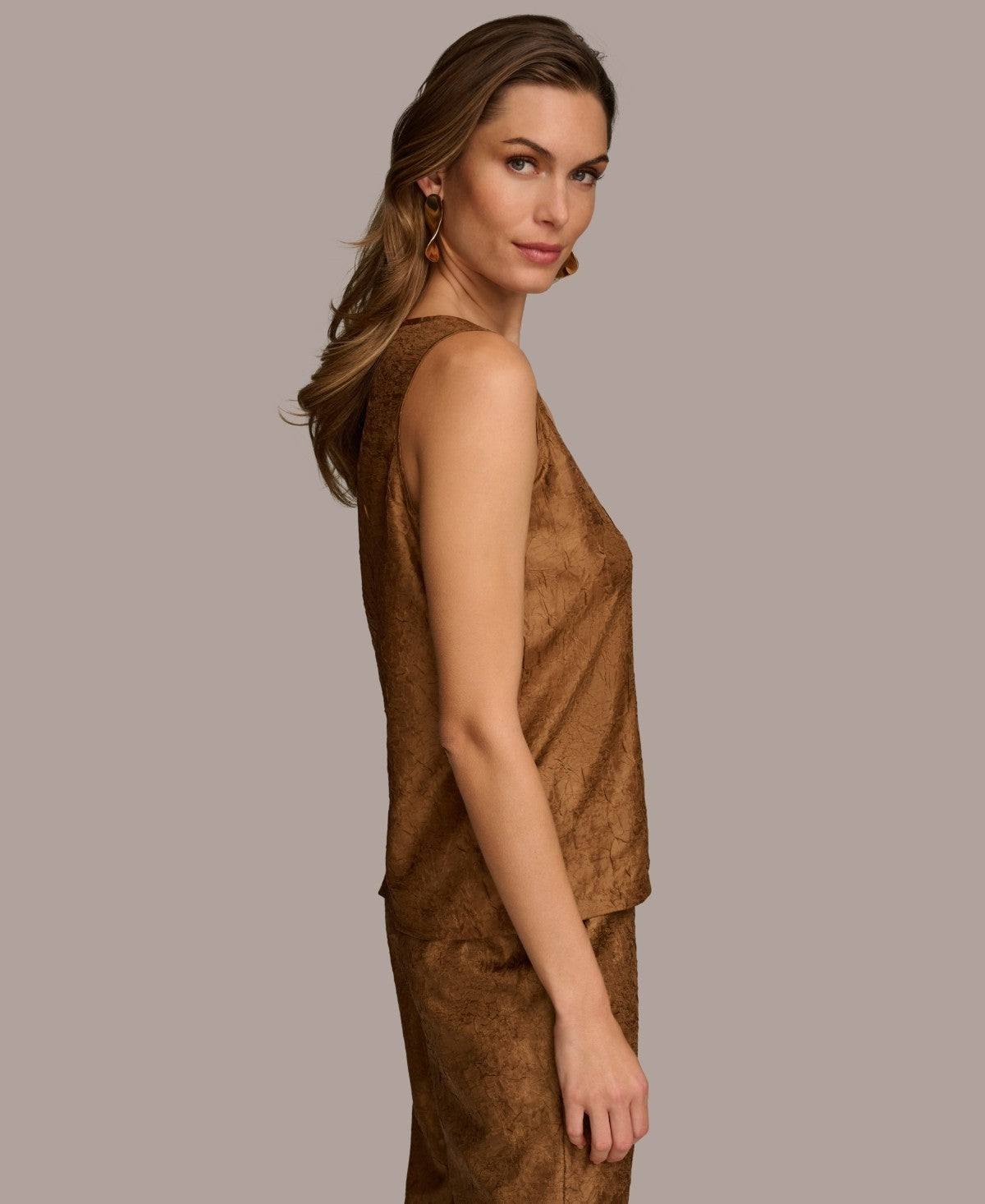 Donna Karan Women's Textured Metallic Scoop-Neck Tank Top Bronze Sz XS MSRP $79