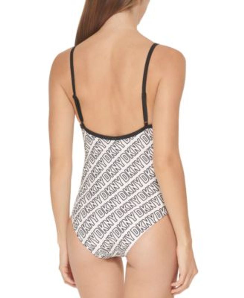 DKNY WHITE/BLACK Logo-Print One-Piece Swimsuit Swimwear, US Size L