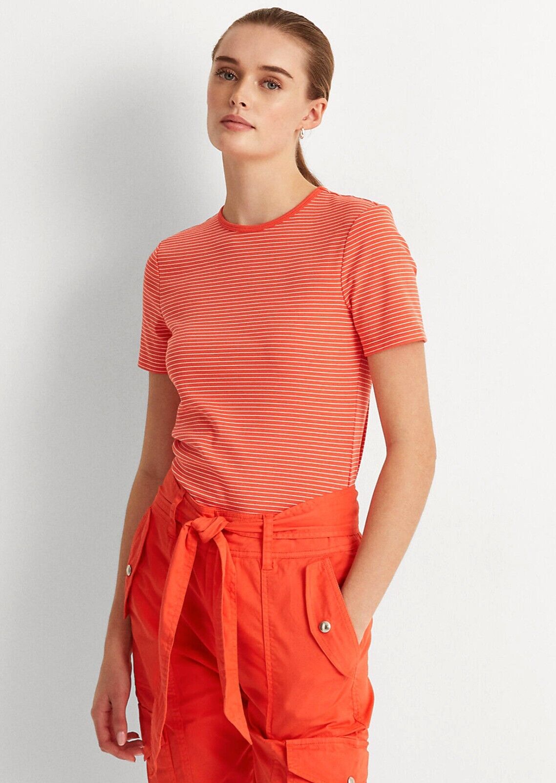 LAUREN Ralph Lauren Striped Stretch Cotton T-Shirt Orange/cream Size M MSRP $50