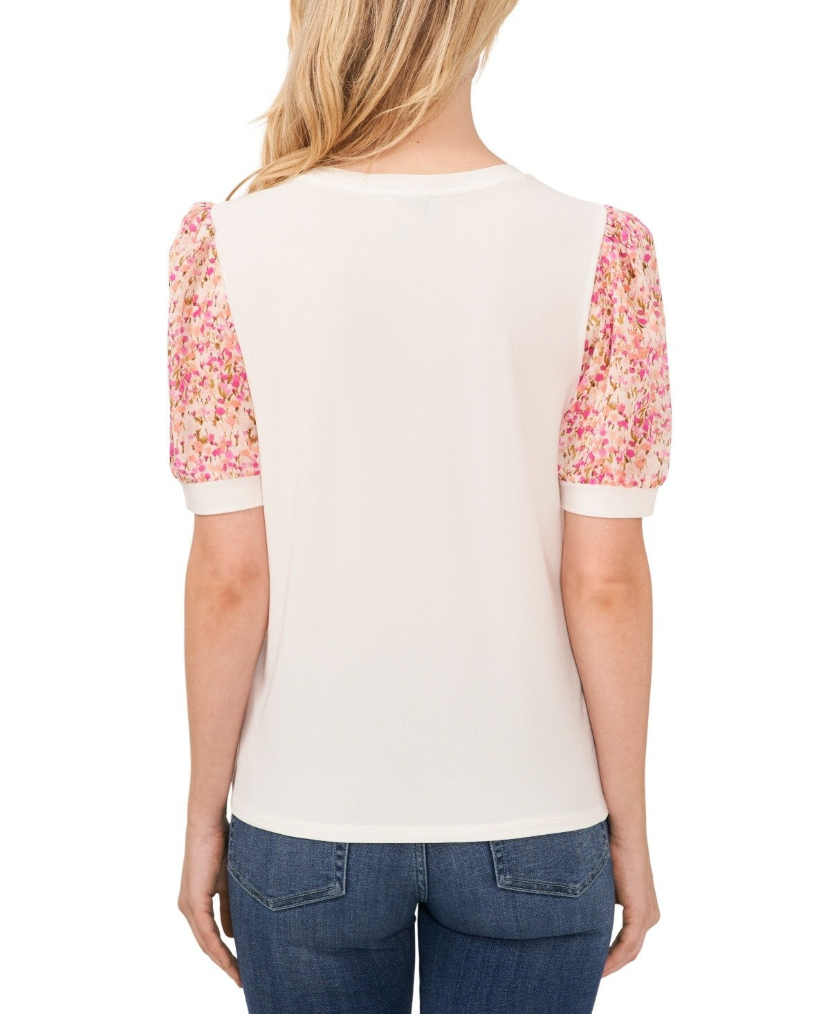CeCe Women's Floral Mixed Media Crewneck Knit Top Pink Ivory Size S MSRP $59