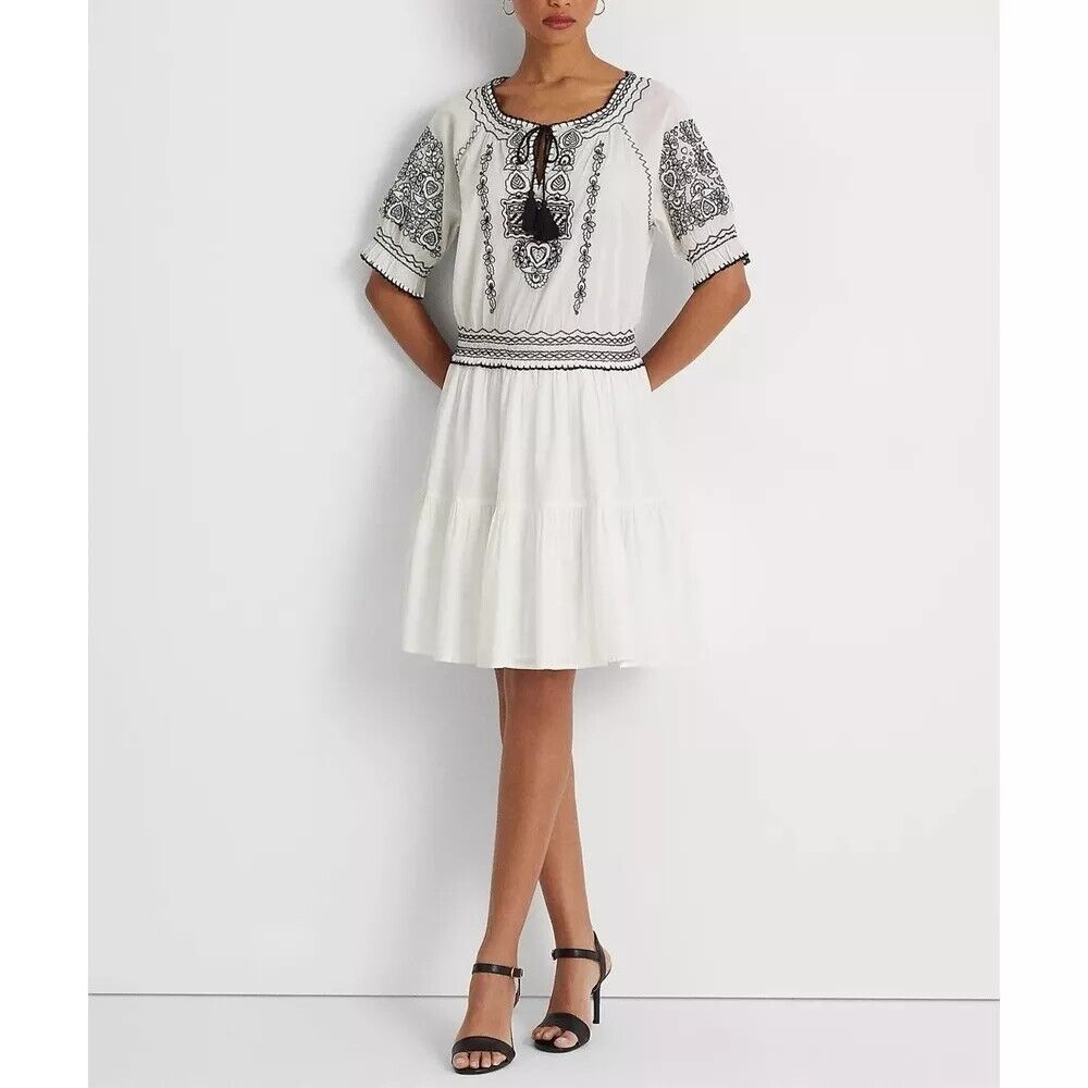 Lauren Ralph Lauren Embroidered Cotton Voile Dress White Size 14 MSRP $225