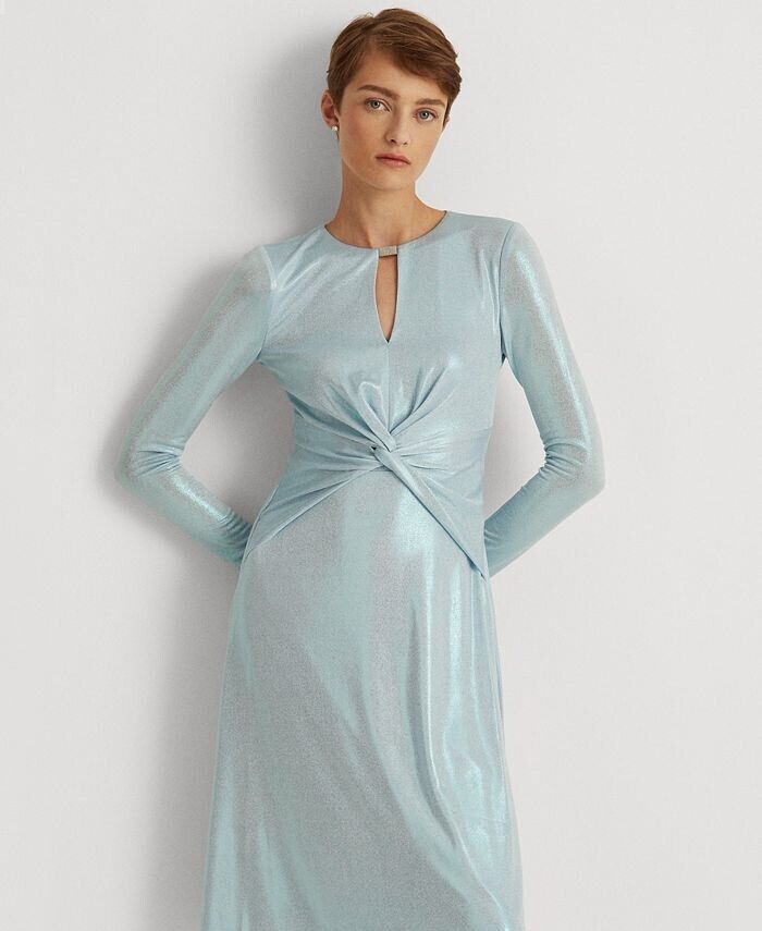 LAUREN RALPH LAUREN Long-Sleeve Foiled Jersey Dress Blue Size 14 MSRP $245