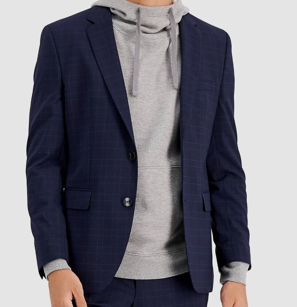 Hugo Boss Men's Modern-Fit Plaid Wool Suit Jacket Blue Navy Size 44R MSRP $445
