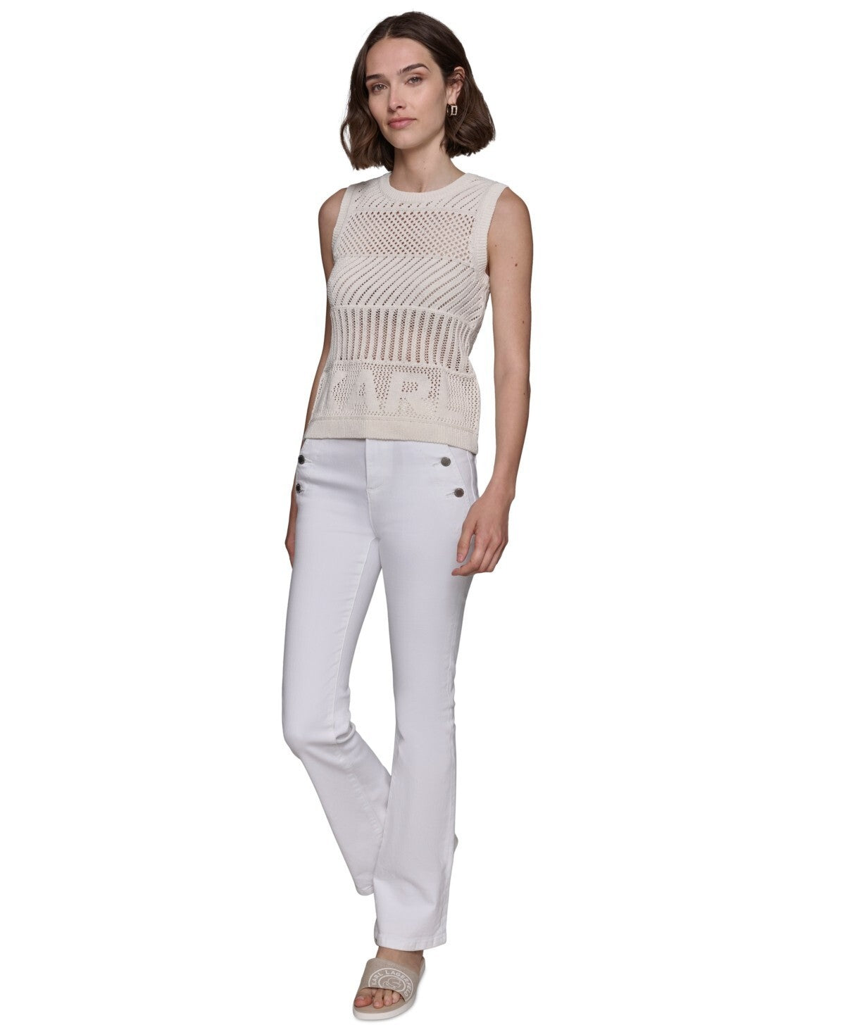 KARL LAGERFELD PARIS Women Crochet Sweater Tank Top Soft White Size XL MSRP $79