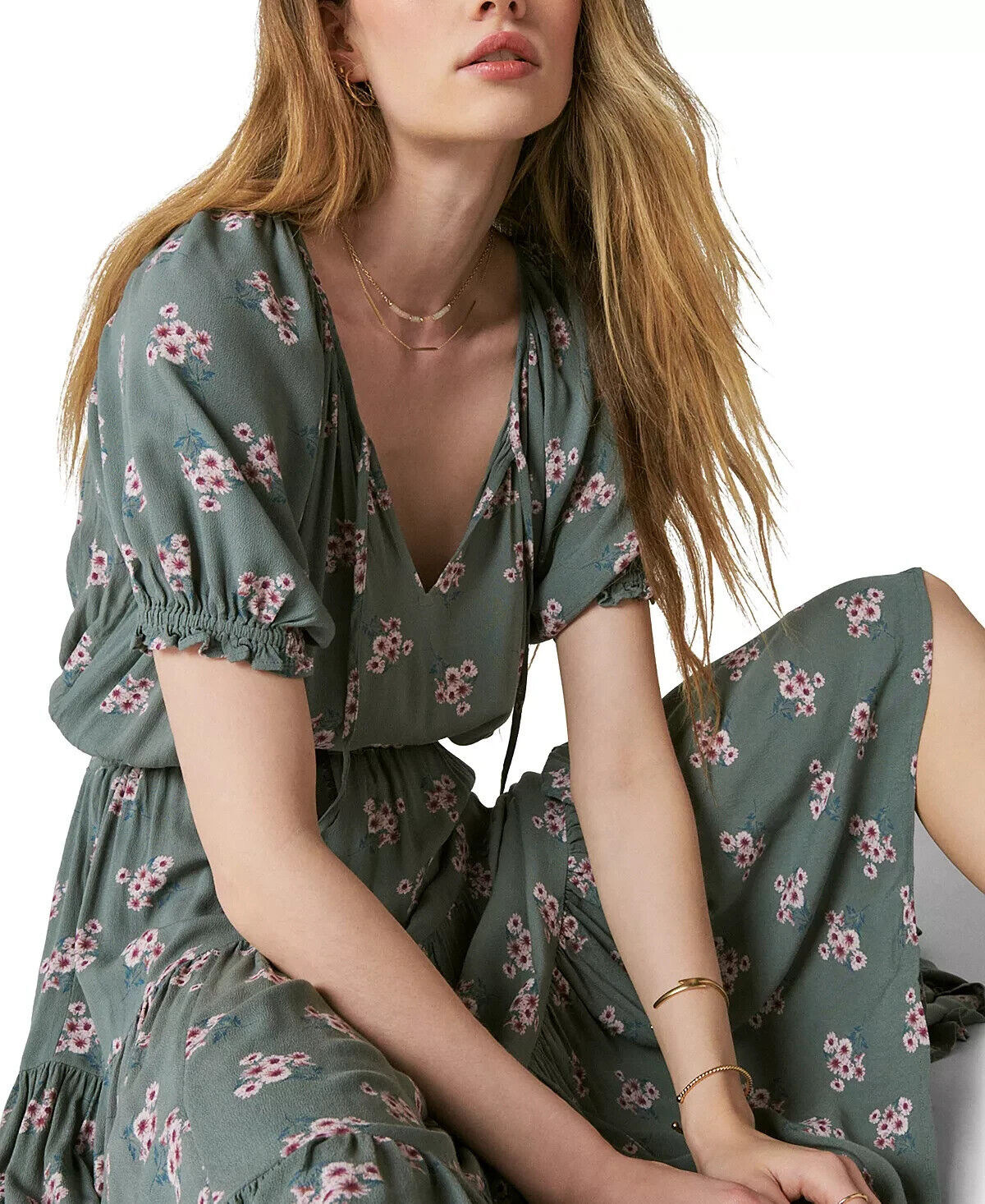 LUCKY BRAND Women Boho Smocked Waist Maxi Dress balsam Green Size XXL MSRP $119