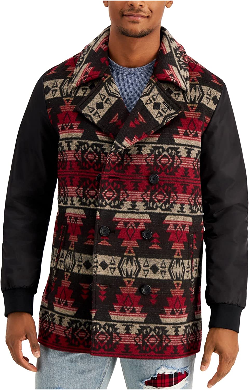 Sun Stone Mens Coat Small Pea-Coat Jacket Tribal Geomatric Print Red Size S