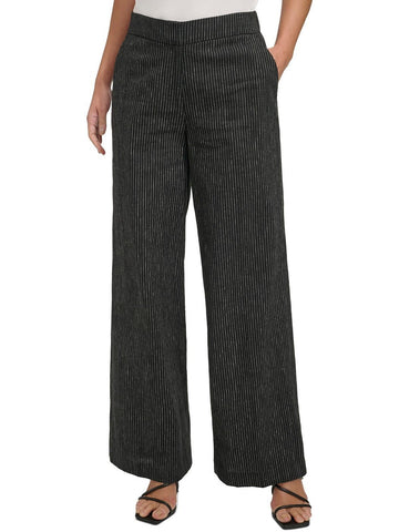 DKNY Womens Pinstripe Linen Wide Leg Pants Size 8 Black
