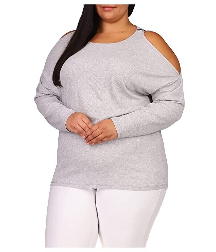 MICHAEL KORS Gray Embellished Cold Shoulder Waffle Knit Heather Plus Size 1X $88