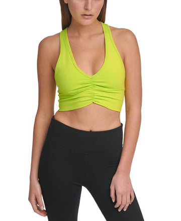 DKNY Sport Women Ruched Racerback Low Impact Sports Bra Green Sour Apple, Size M