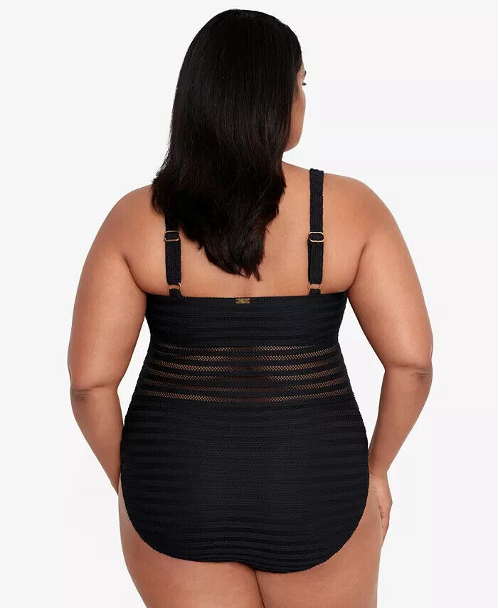 LAUREN RALPH LAUREN Illusion-Stripes One-Piece Swimsuit Black Plus Size 18W $170