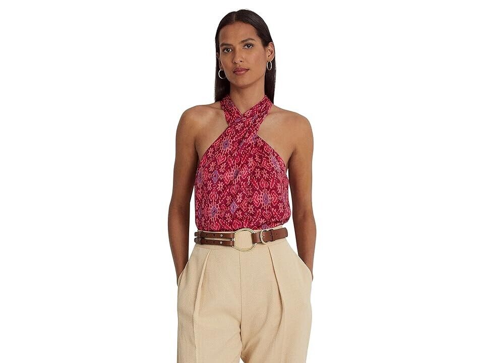 LAUREN Ralph Lauren Shantung Halter Blouse Pink Women's Pink Size XL MSRP $145