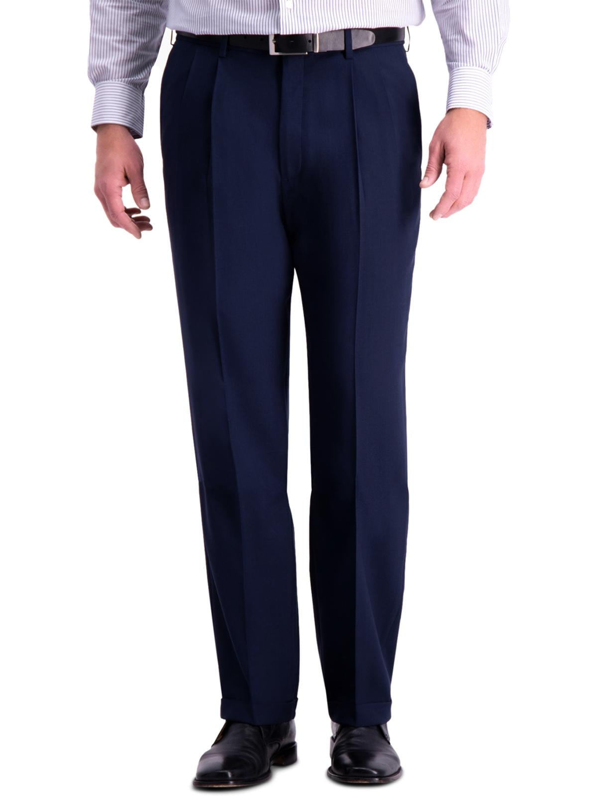 Haggar Mens Stretch Stria Classic Fit Pleated Dress Pants Size 36x29 Dark Blue