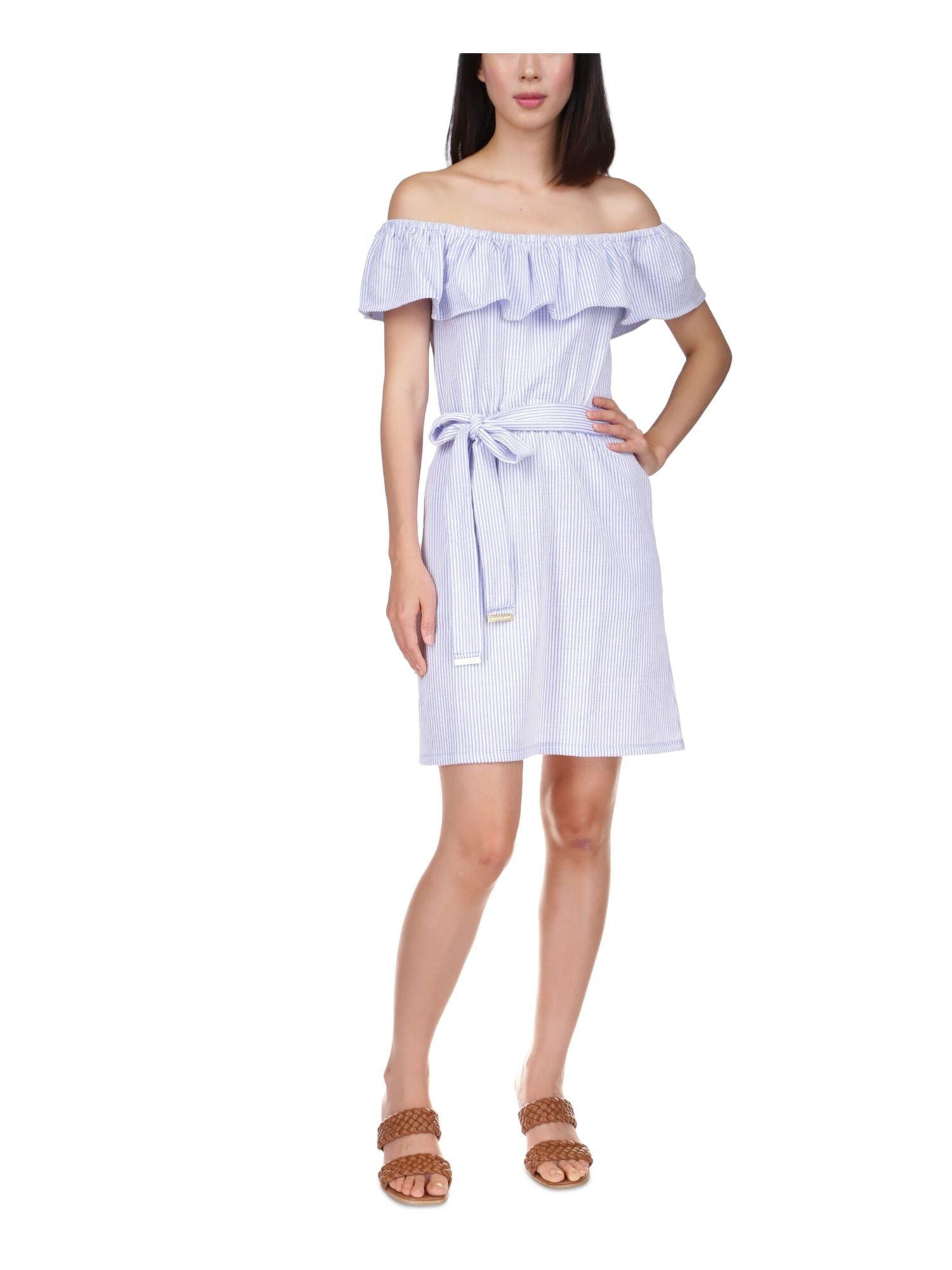 MICHAEL KORS Womens Blue Pocketed Tie Ruffled Striped Off Shoulder Dress Size XL