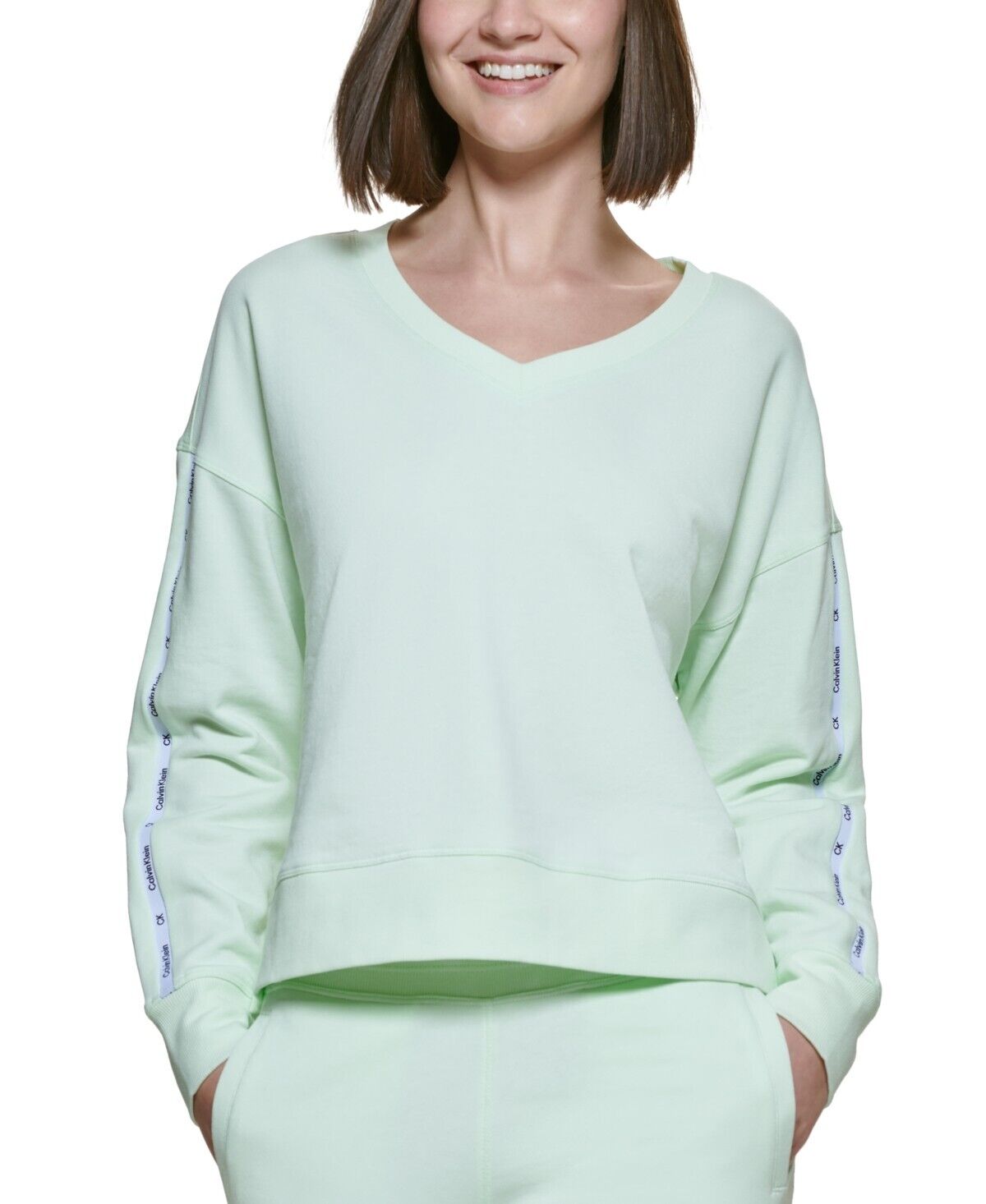 CALVIN KLEIN Women's V-Neck High-Low Sweatshirt Green Size XL MSRP $60