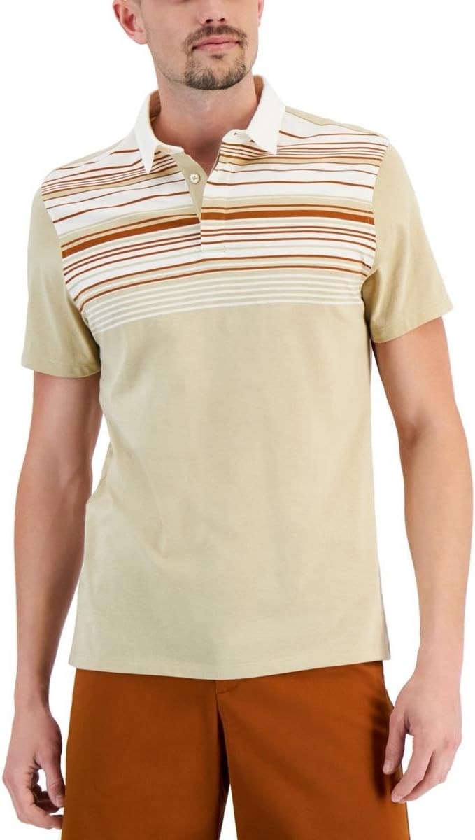 Alfani Mens Striped Collar Polo Tan Beige Size M
