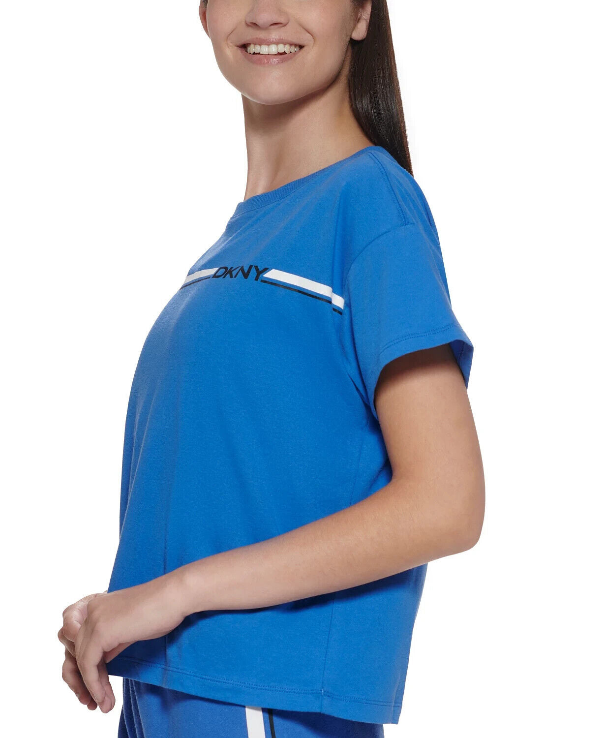 Dkny Sport Women's Cotton Logo-Stripe Cropped T-Shirt Blue Size L MSRP $40