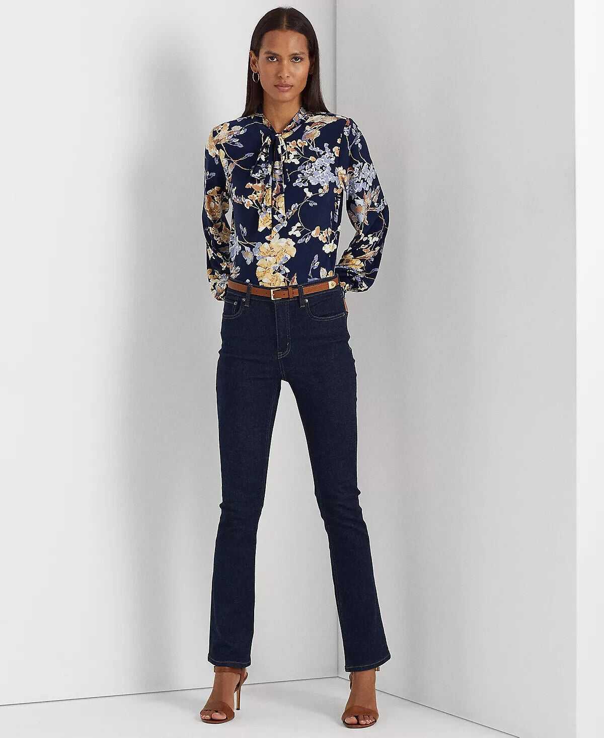 LAUREN RALPH LAUREN Women's Floral Tie-Neck Stretch Jersey Top Navy Size XS $125