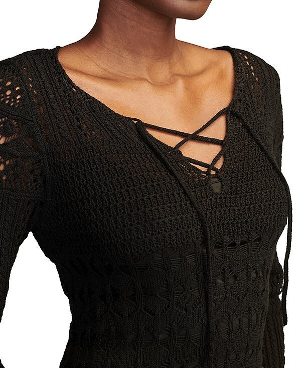 Lucky Brand Women's Cotton Long-Sleeve Lace-Up Crochet Dress Black Size S $149