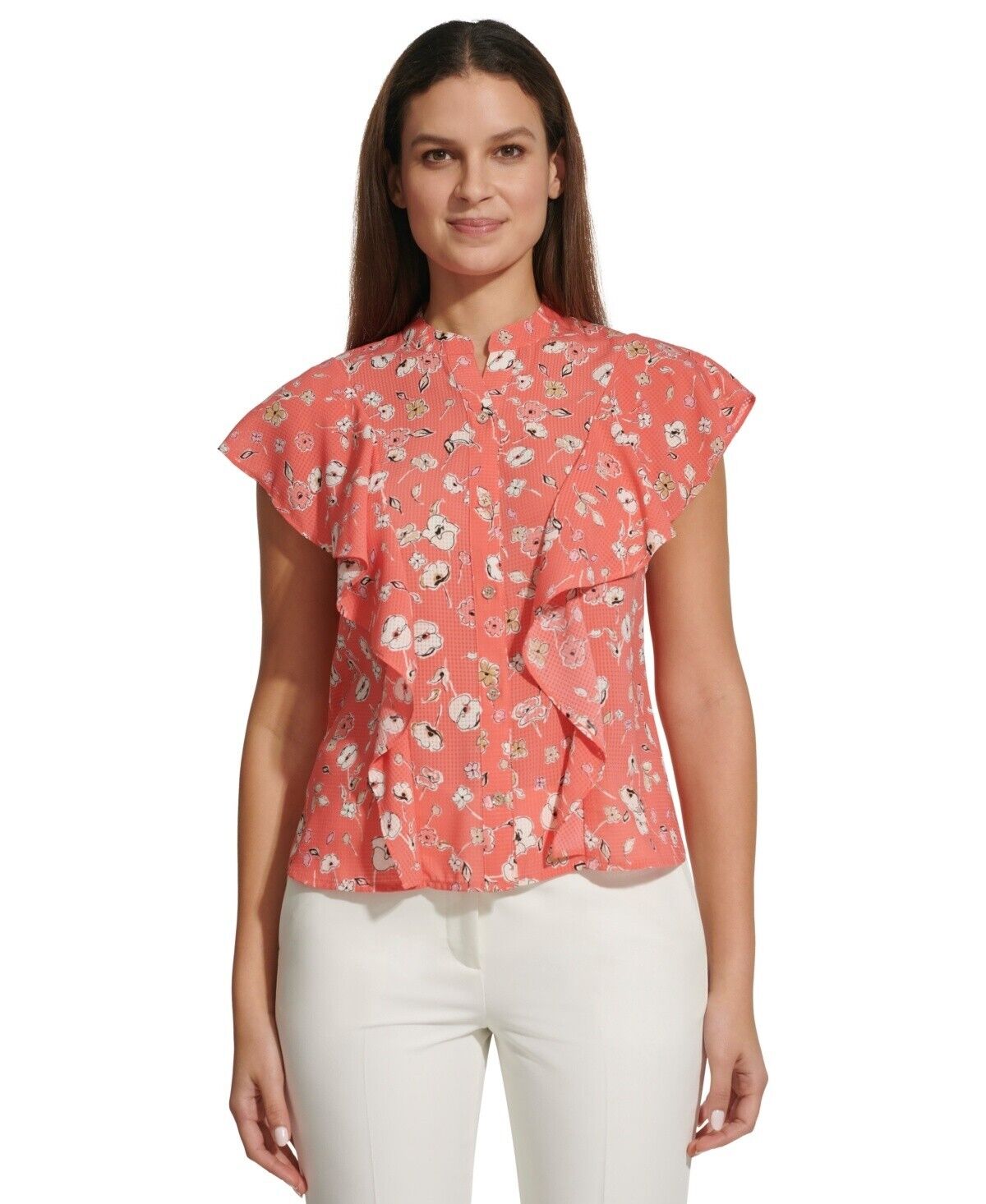 Tommy Hilfiger Women's Floral-Print Ruffled Blouse PINK Size L MSRP $69