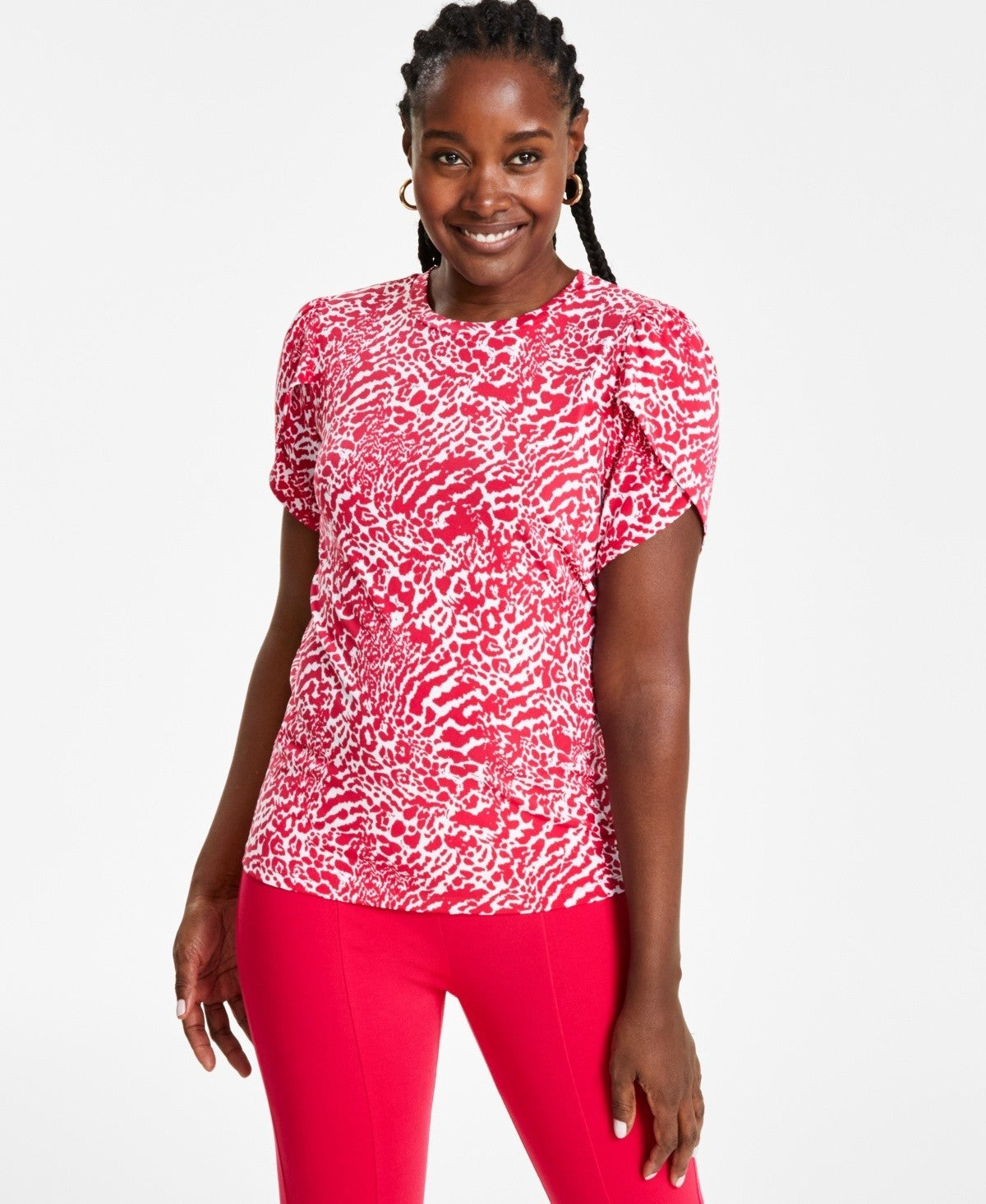 Michael Kors Women's Animal-Print Petal-Sleeve Top Size M MSRP $74 Pink