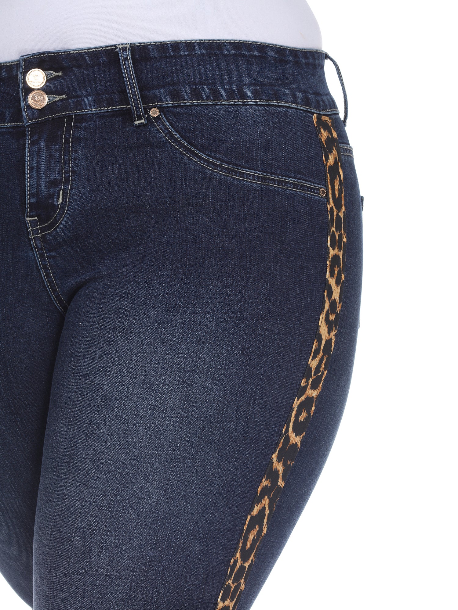 White Mark Women's Plus Size 14 Blue Super Stretch Denim Cheetah Pannel