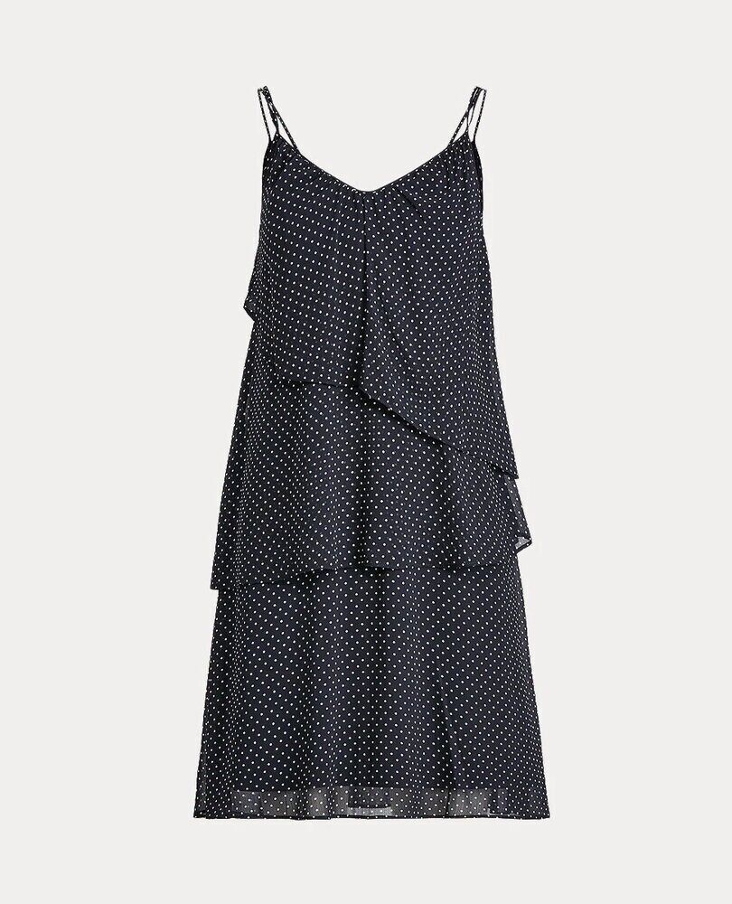 LAUREN Ralph Lauren womens Polka Dot Georgette Dress navy Size 14 MSRP $125