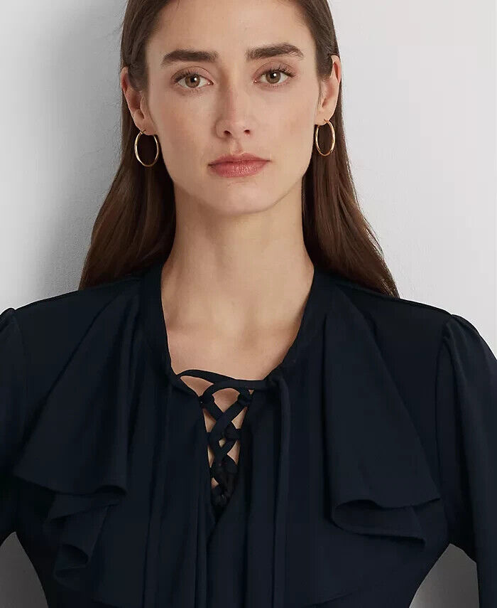 Lauren Ralph Lauren Womens Ruffle-Trim Jersey Lac Lauren Navy Size XL MSRP $125