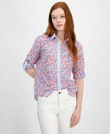 Tommy Hilfiger Womens Cotton Floral Roll-Tab Sky Capsc Blue Red Size XL