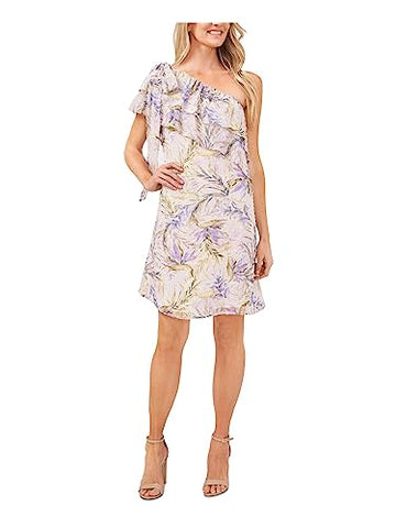 CeCe One Shoulder BAHA Palm Clip Dot Dress Soft Violet Purple Size M