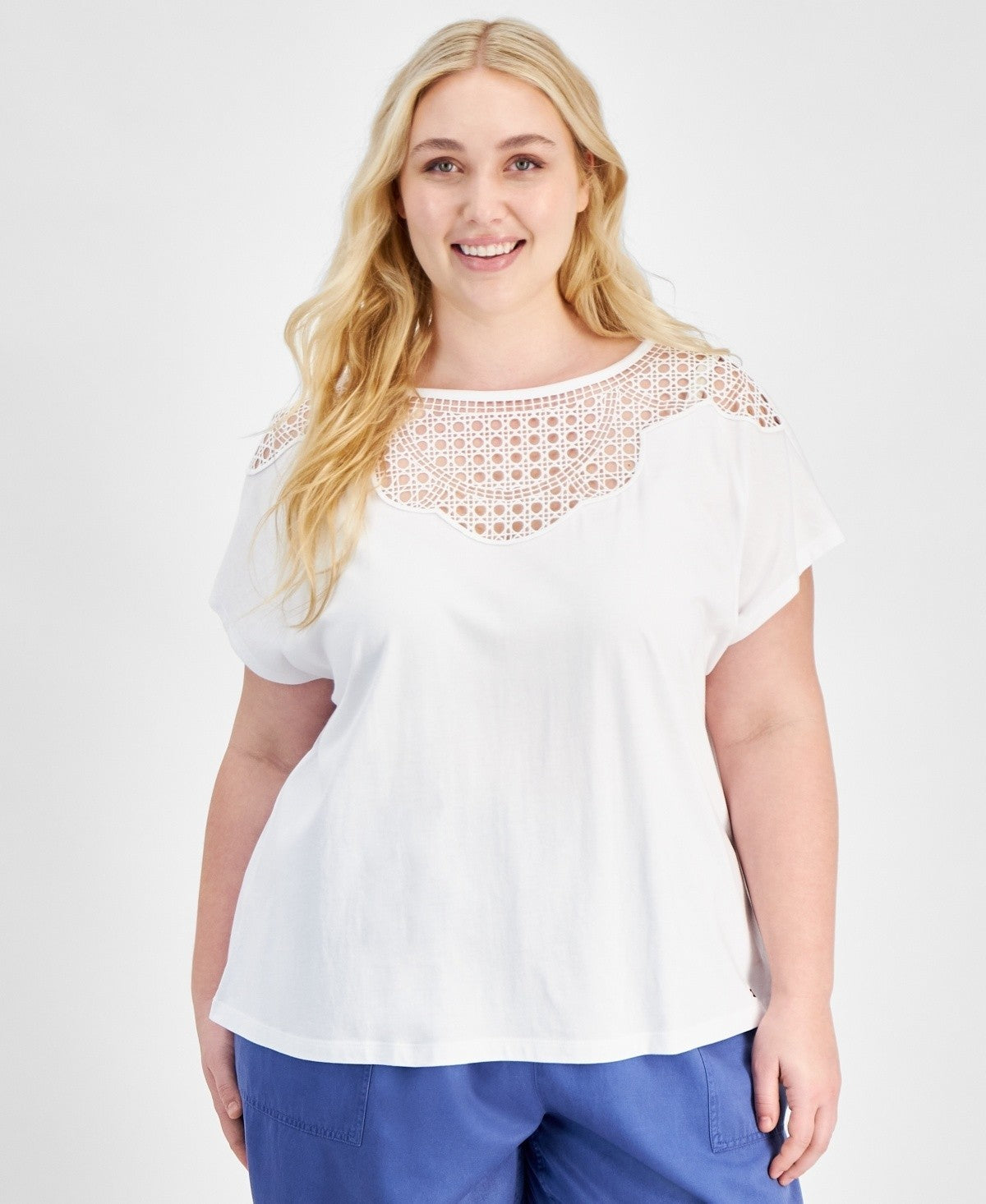 Tommy Hilfiger Plus Size Lace-Bib Extended-Sleeve Top White Size 1X MSRP $70