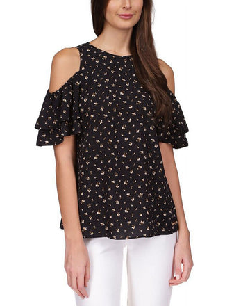 Michael Kors Women's Watercolor Ditsy Cold-Shoulder Top Black Size S