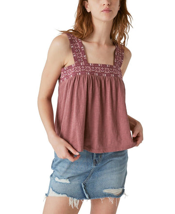 Lucky Brand Lace-Embroidered Square Neck Tank Top Brown Size L MSRP $70