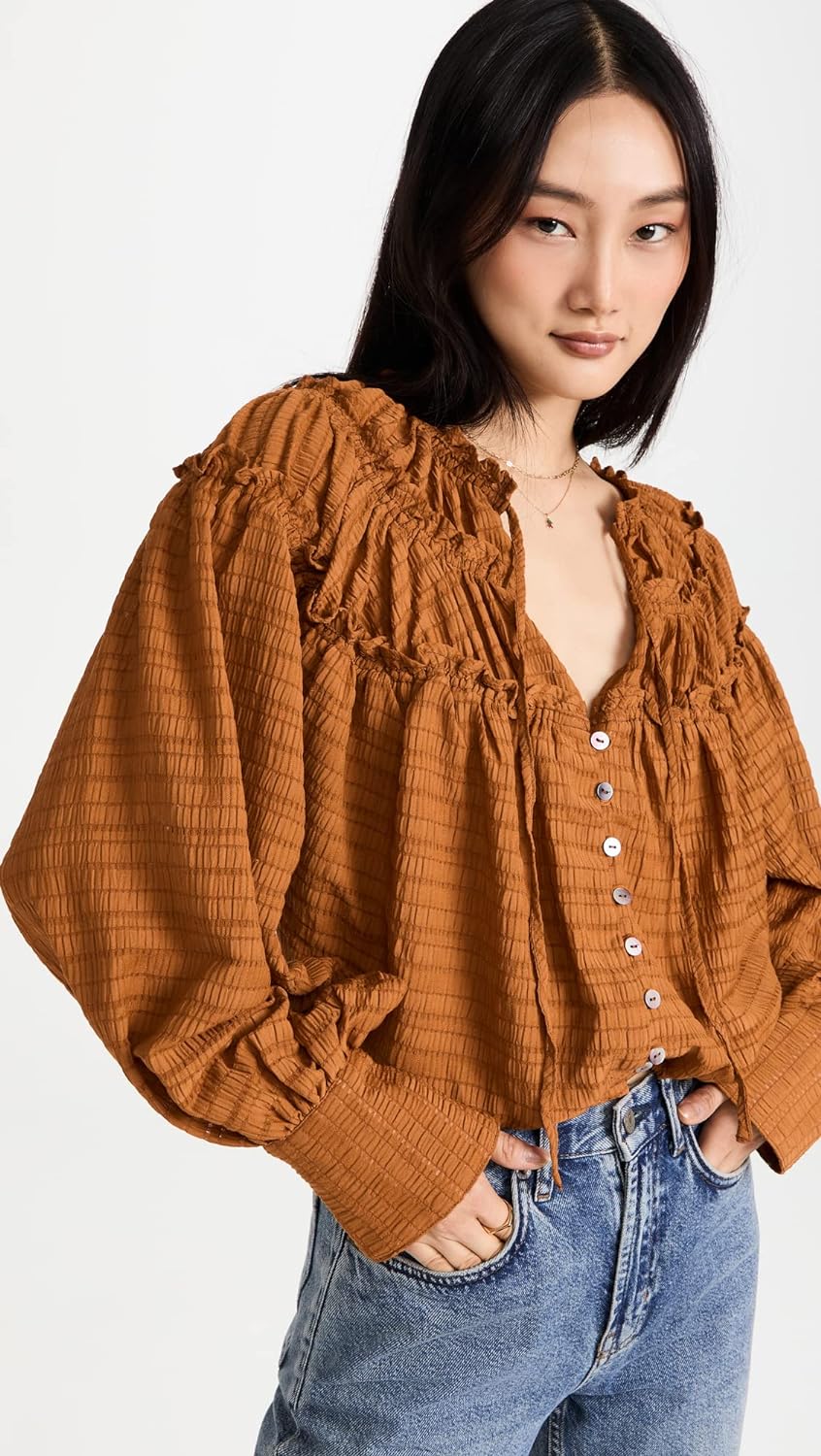 Free People Women's Hailey Blouse, Glazed Ginger, Orange, M