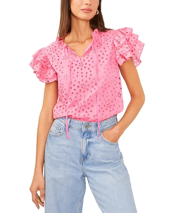 1.STATE Women's Eyelet Embroidered Cotton Flutter-Sleeve Blouse Pink Size S $79