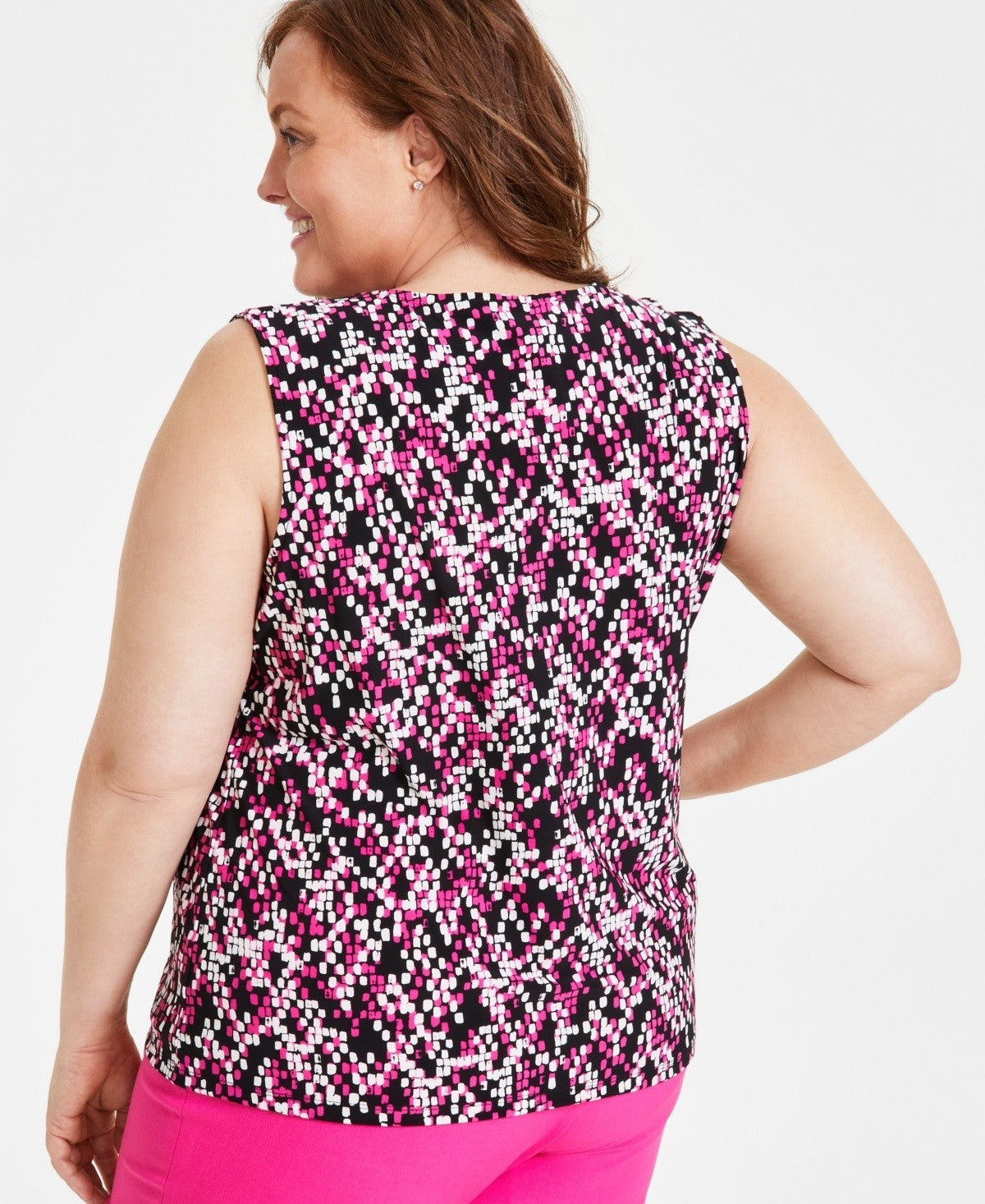 Kasper Plus Size Printed Keyhole Sleeveless Top Black Pink Size 3X MSRP $59