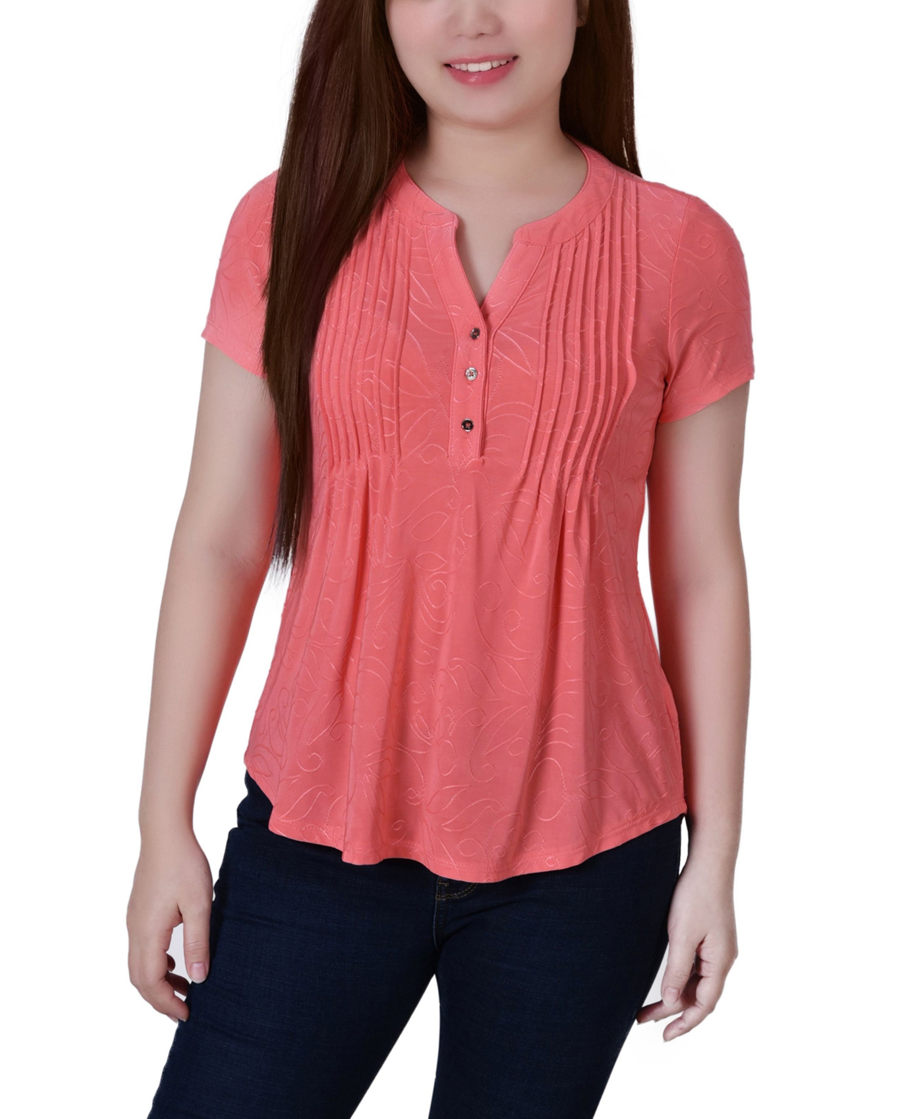 NY Collection Women Petite Jacquard Knit Top Sugar Coral Orange Size PM