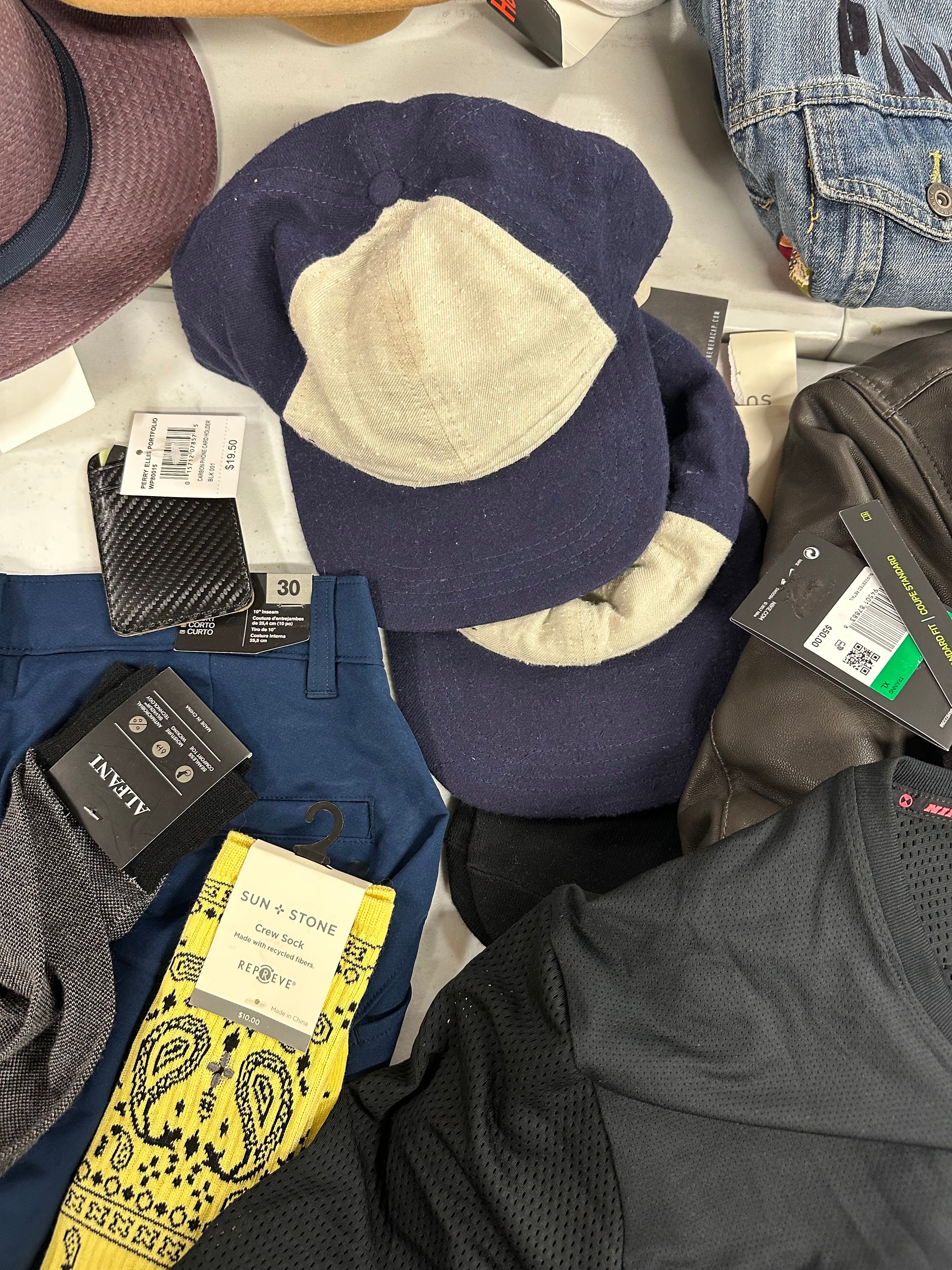 Men's Clothing & Other Assorted Wholesale Lot, NIKE, NEW ERA, JOHN VARVATOS, BAILEY, UNDER ARMOUR, HOT SOX and more, 13 items, CUSTOMER RETURNS