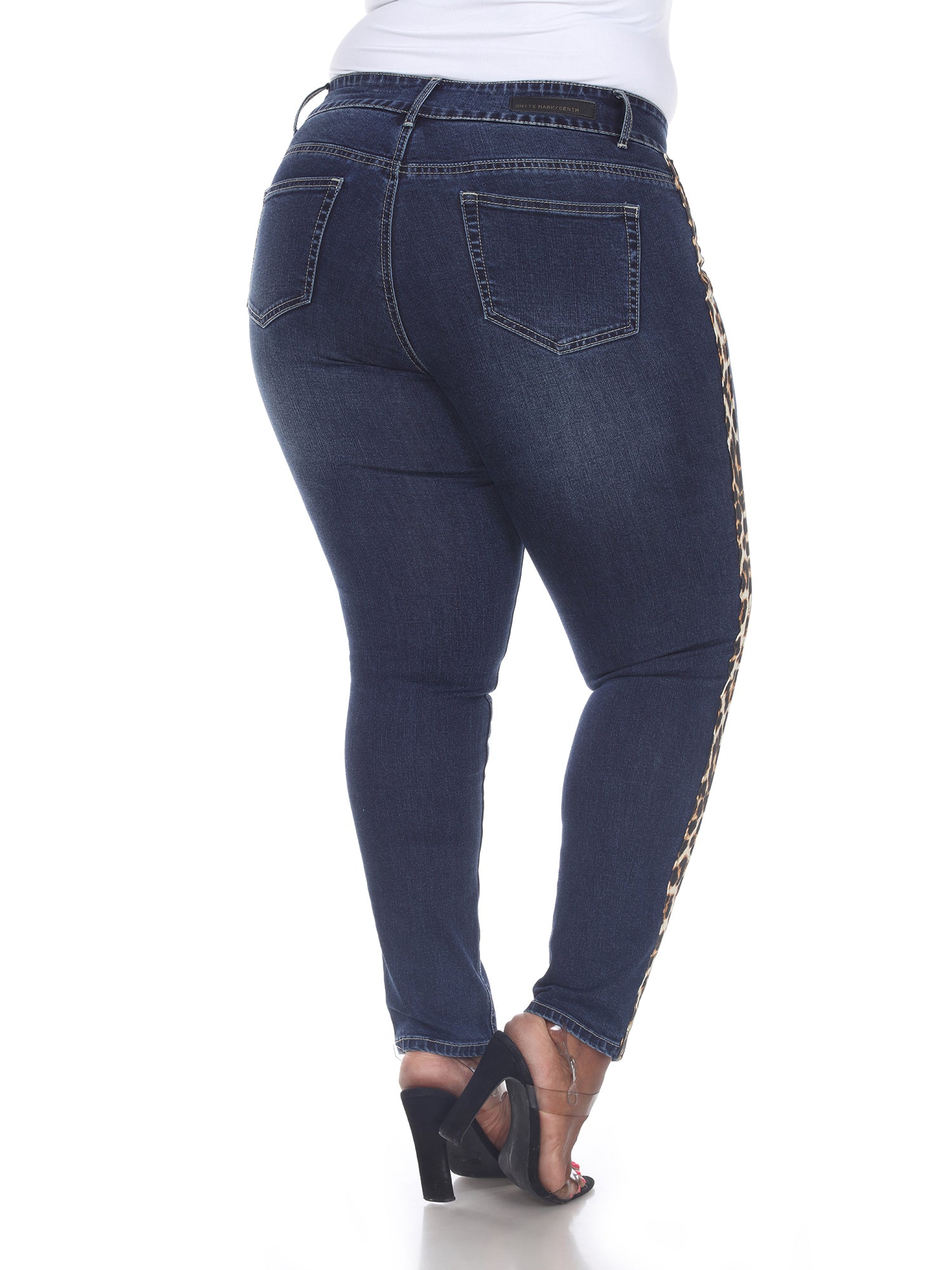 White Mark Women's Plus Size 14 Blue Super Stretch Denim Cheetah Pannel