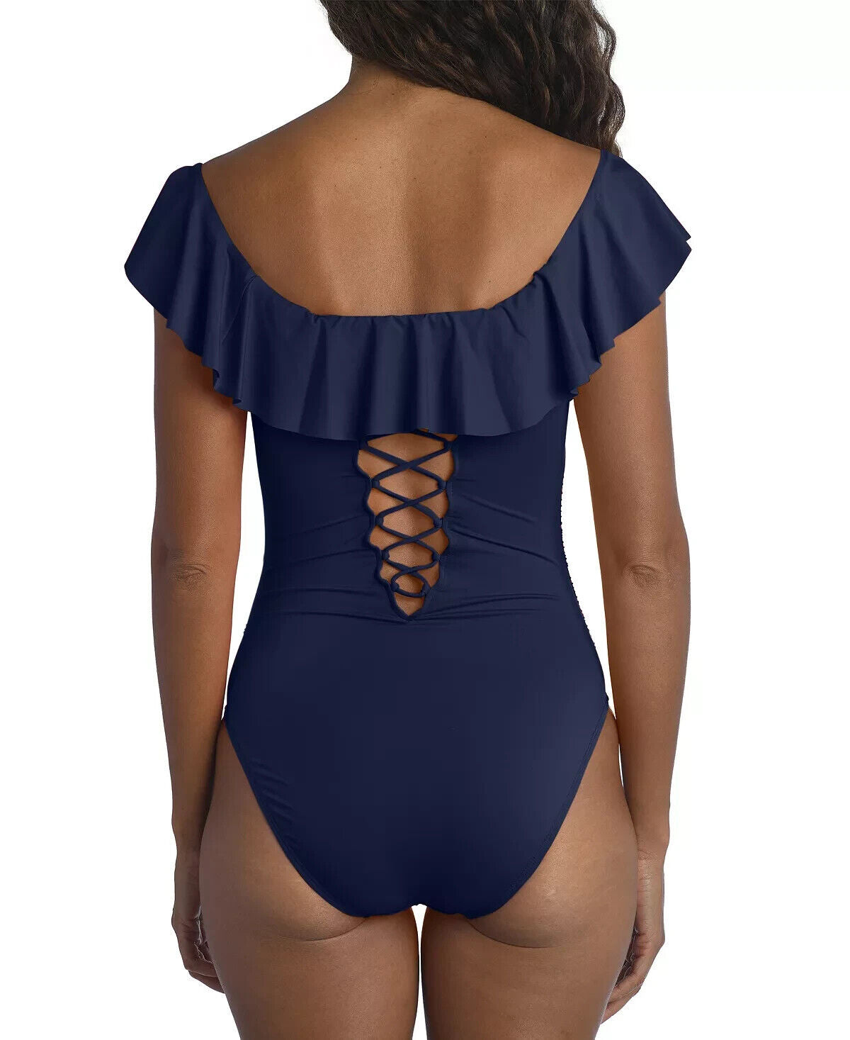 LA BLANCA Island Goddess Off-Shoulder Tummy-Control Swimsuit Blue Size 16 $130