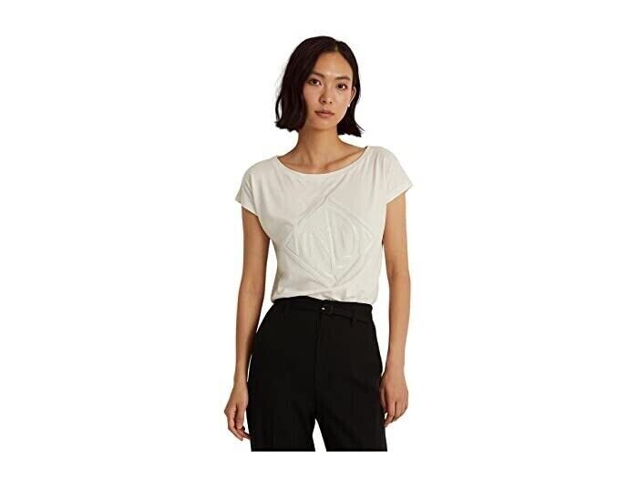 LAUREN Ralph Lauren Petite Sequined Art Deco Cotton-Blend Tee Ivory Size PL $80