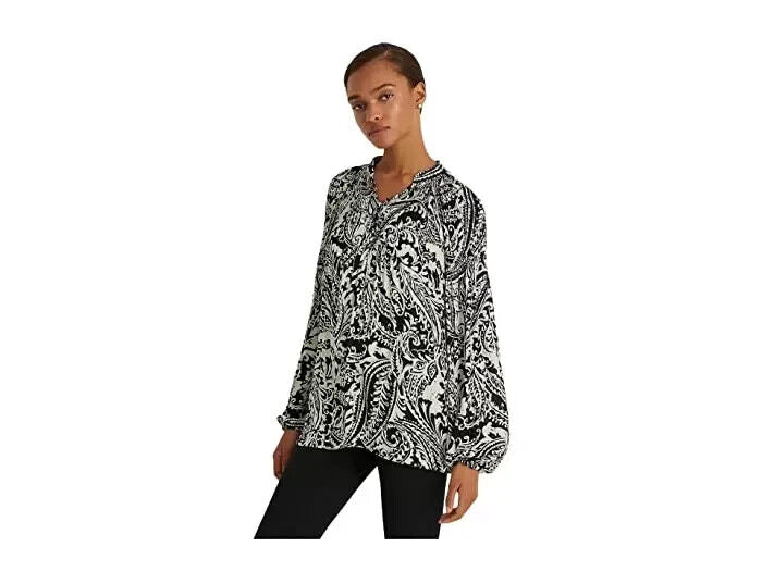 Lauren Ralph Lauren Paisley Pleated Georgette Blouse Black Size S MSRP $135