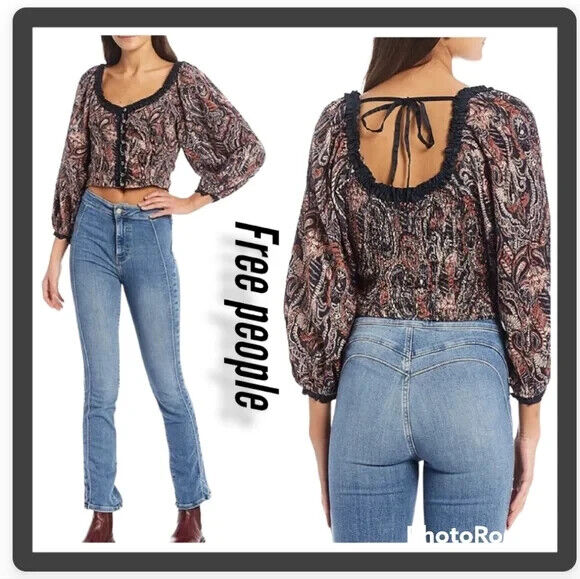 Free People Dare Me Tie-Back Velvet Blouse Navy Blue Orange Size XL MSRP $128